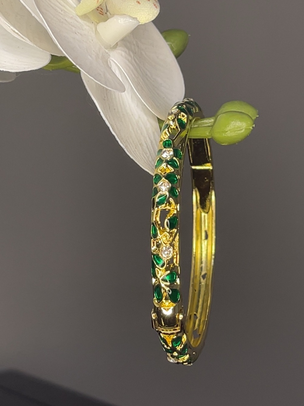 Gold-Tone Green Enamel Floral Hinged Bangle Bracelet